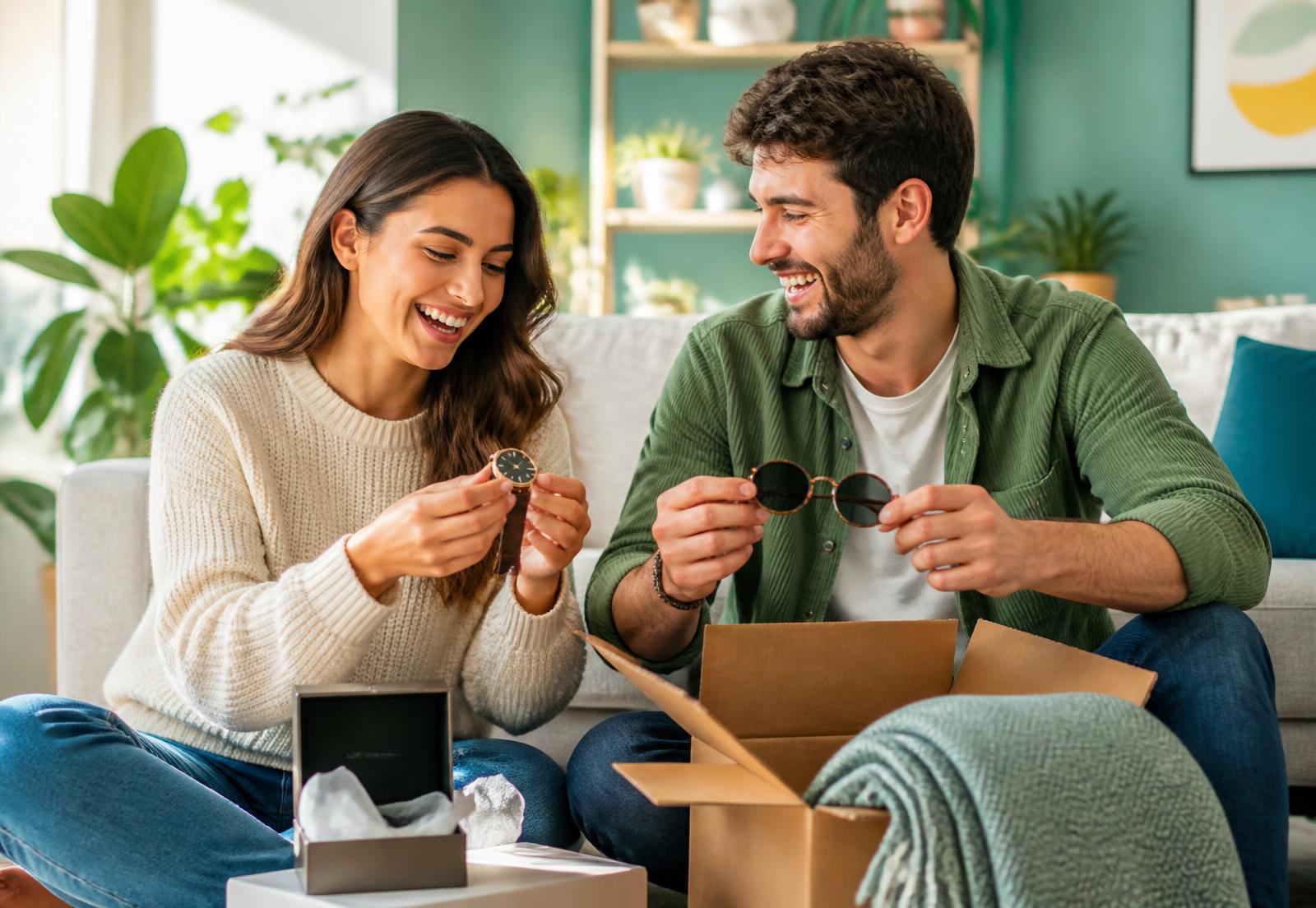 Twee mensen bekijken producten uit het RTMBrands-portfolio in een lichte woonkamer